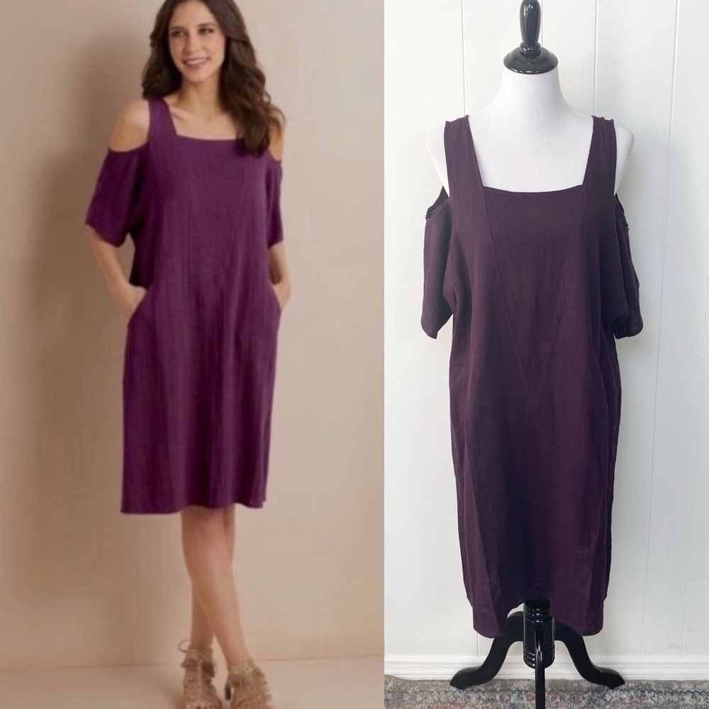Soft Surroundings Dark Purple Linen Cold Shoulder Cutout Tunic Dress Women Small